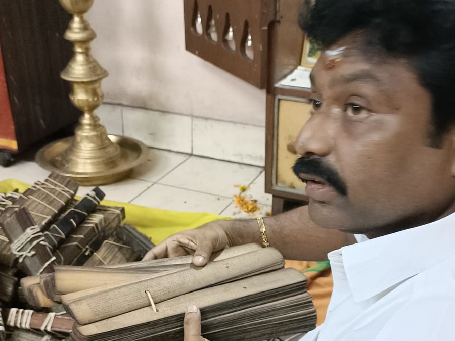 An Agastya Nadi palm leaf being read
